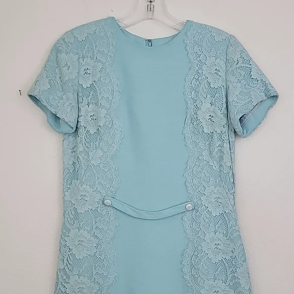 Vintage Blue & Lace Midi Short Sleeve Shift Dress By Jean Lang (Altered Waist) S - Picture 2 of 13